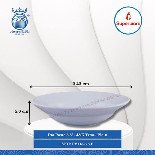 Dĩa Pasta 8.8" J&K Trơn Plain (Trắng Trơn) Ø: 22.2cm Cao: 5.6cm Superware Nhựa PV113-8.8 P