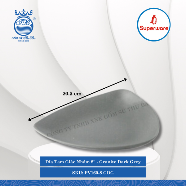 Dĩa Tam Giác Nhám 8'' J&K Nhám Granite Dark Grey (Xám Granite) Dài: 20.5cm Rộng: 20.5cm Cao: 3.5cm Superware Nhựa PV160-8 GDG
