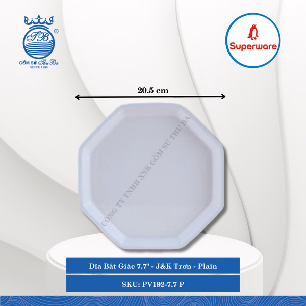 Dĩa Bát Giác 7.7" J&K Trơn Plain (Trắng Trơn) Ø: 20.5cm Cao: 2.5cm Superware Nhựa PV192-7.7 P