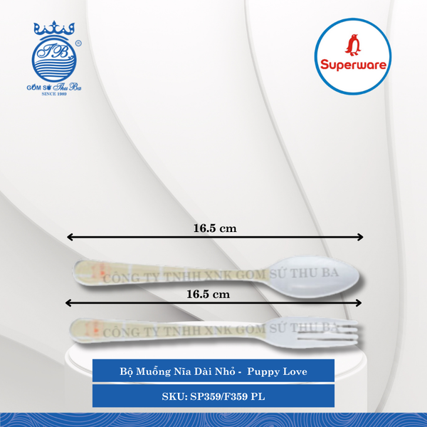Bộ Muỗng Nĩa Dài Nhỏ Hoa Văn Trẻ Em Puppy Love Dài: 16.5cm Rộng: 3.4cm Superware Nhựa SP359/F359 PL