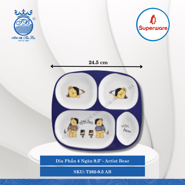 Dĩa Phần 4 Ngăn 9.5" Hoa Văn Trẻ Em Artist Bear Dài: 24.5cm Rộng: 22cm Cao: 2cm Superware Nhựa T382-9.5 AB
