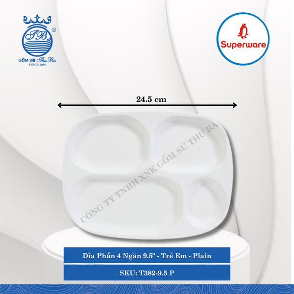 Dĩa Phần 4 Ngăn 9.5" Trẻ Em Plain (Trắng Trơn) Dài: 24.5cm Rộng: 22cm Cao: 2cm Superware Nhựa T382-9.5 P