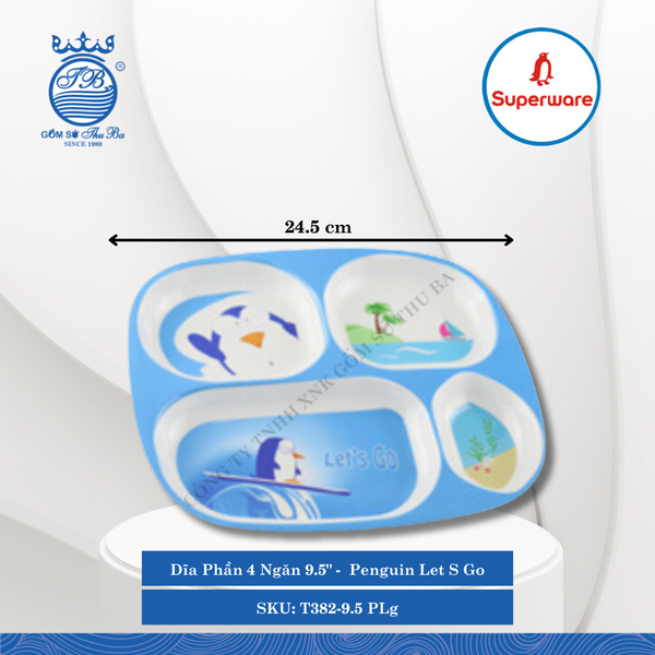 Dĩa Phần 4 Ngăn 9.5" Hoa Văn Trẻ Em Penguin Let S Go Dài: 24.5cm Rộng: 22cm Cao: 2cm Superware Nhựa T382-9.5 PLg
