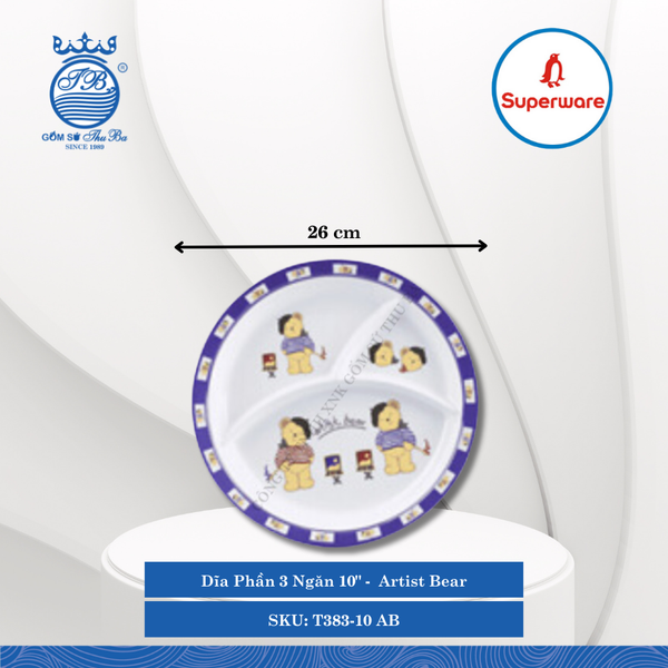 Dĩa Phần 3 Ngăn 10" Hoa Văn Trẻ Em Artist Bear Ø: 26cm Cao: 3cm Superware Nhựa T383-10 AB
