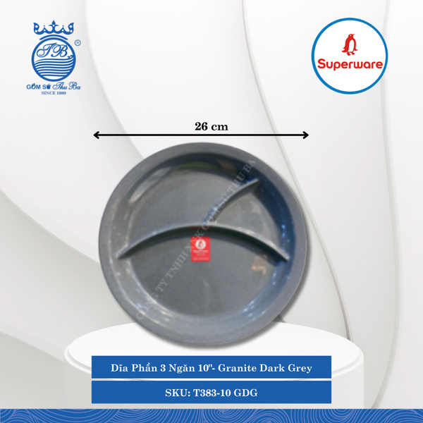 Dĩa Phần 3 Ngăn 10" Trẻ Em Granite Dark Grey (Xám Granite) Ø: 26cm Cao: 3cm Superware Nhựa T383-10 GDG