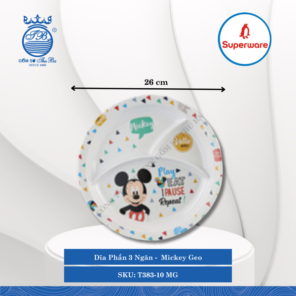 Dĩa Phần 3 Ngăn Hoa Văn Trẻ Em Mickey Geo Ø: 26cm Cao: 3cm Superware Nhựa T383-10 MG
