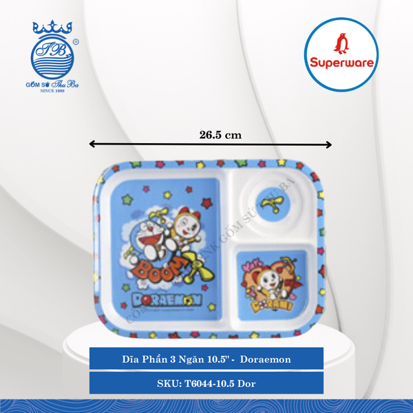 Dĩa Phần 3 Ngăn 10.5" Hoa Văn Trẻ Em Doraemon Dài: 26.5cm Rộng: 20.5cm Cao: 2.2cm Superware Nhựa T6044-10.5 Dor