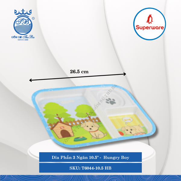 Dĩa Phần 3 Ngăn 10.5" Hoa Văn Trẻ Em Hungry Boy Dài: 26.5cm Rộng: 20.5cm Cao: 2.2cm Superware Nhựa T6044-10.5 HB