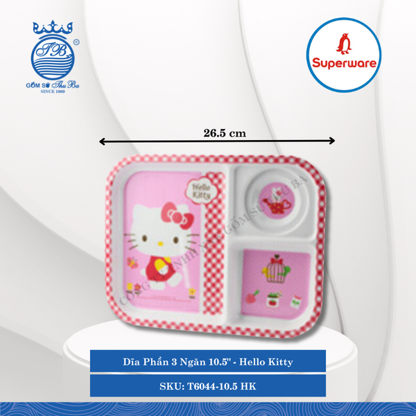 Dĩa Phần 3 Ngăn 10.5" Hoa Văn Trẻ Em Hello Kitty Dài: 26.5cm Rộng: 20.5cm Cao: 2.2cm Superware Nhựa T6044-10.5 HK