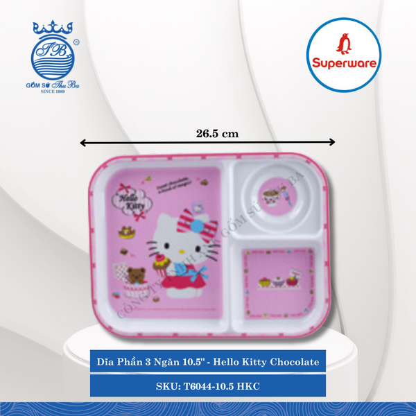 Dĩa Phần 3 Ngăn 10.5" Hoa Văn Trẻ Em Hello Kitty Chocolate Dài: 26.5cm Rộng: 20.5cm Cao: 2.2cm Superware Nhựa T6044-10.5 HKC