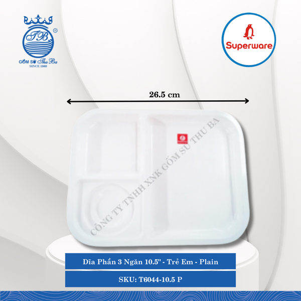 Dĩa Phần 3 Ngăn 10.5" Trẻ Em Plain (Trắng Trơn) Dài: 26.5cm Rộng: 20.5cm Cao: 2.2cm Superware Nhựa T6044-10.5 P