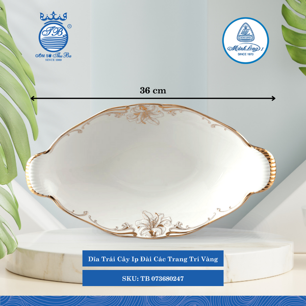 Dĩa Trái Cây Đài Các T.Trí Vàng Dài:43cm Rộng: 25cm Cao: 9cm ML I Sứ TB 073680247