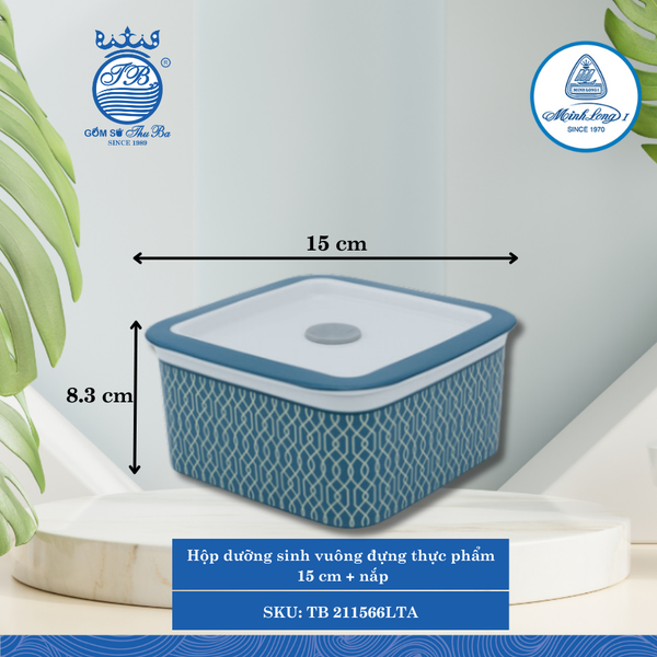 Hộp Vuông Đựng Thực Phẩm Có Nắp Dưỡng Sinh Indigo (LTA) Dài:15cm Rộng: 15cm Cao: 8.3cm ML I Sứ TB 211566LTA