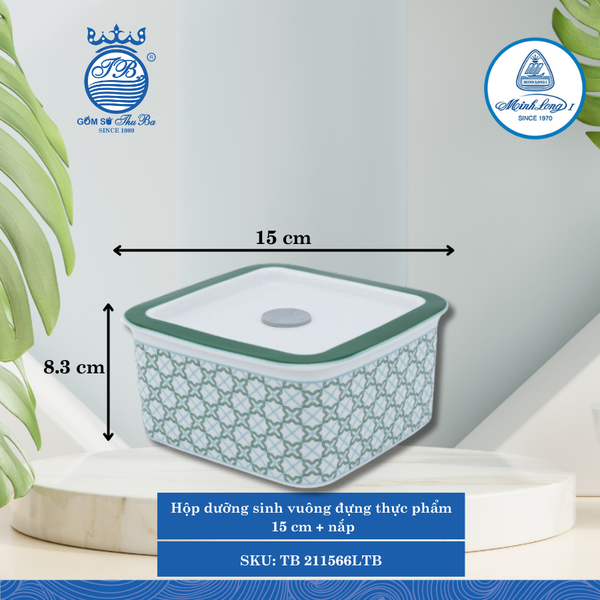 Hộp Vuông Đựng Thực Phẩm Có Nắp Dưỡng Sinh Komos (LTB) Dài:15cm Rộng: 15cm Cao: 8.3cm ML I Sứ TB 211566LTB