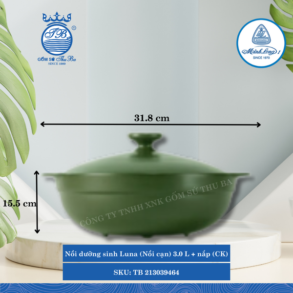 Nồi Cạn Có Nắp Dưỡng Sinh Luna Healthy Cook Xanh Rêu (Nhiều Size, Nhiều Loại) ML I Sứ