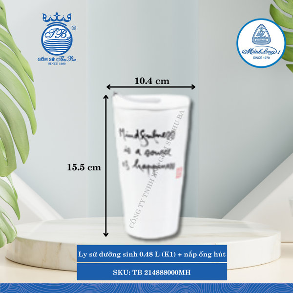 Ly Giữ Nhiệt Có Nắp, Ống Hút Dưỡng Sinh Trắng - C4 Ø: 10.4cm 480ml Cao: 15.5cm ML I Sứ TB 214888000MH