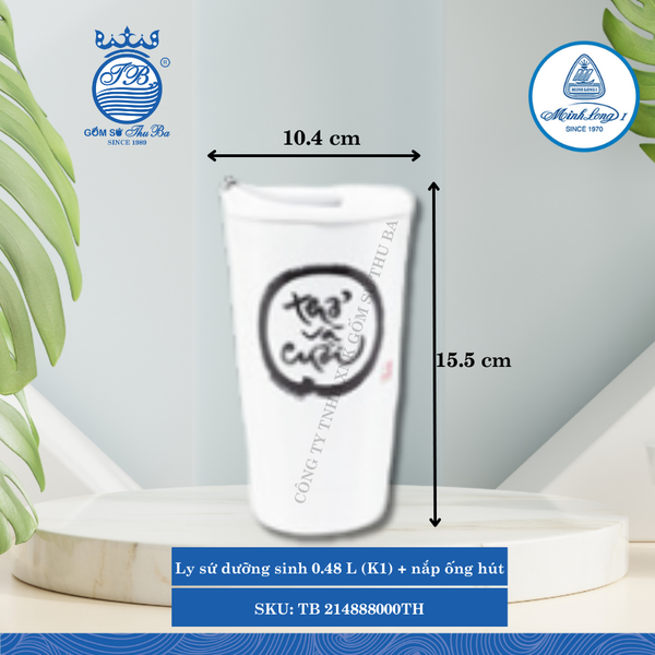 Ly Giữ Nhiệt Có Nắp, Ống Hút Dưỡng Sinh Trắng - C5 Ø: 10.4cm 480ml Cao: 15.5cm ML I Sứ TB 214888000TH
