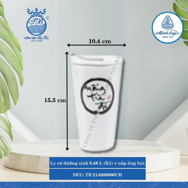 Ly Giữ Nhiệt Có Nắp, Ống Hút Dưỡng Sinh Trắng - C6 Ø: 10.4cm 480ml Cao: 15.5cm ML I Sứ TB 214888000UH