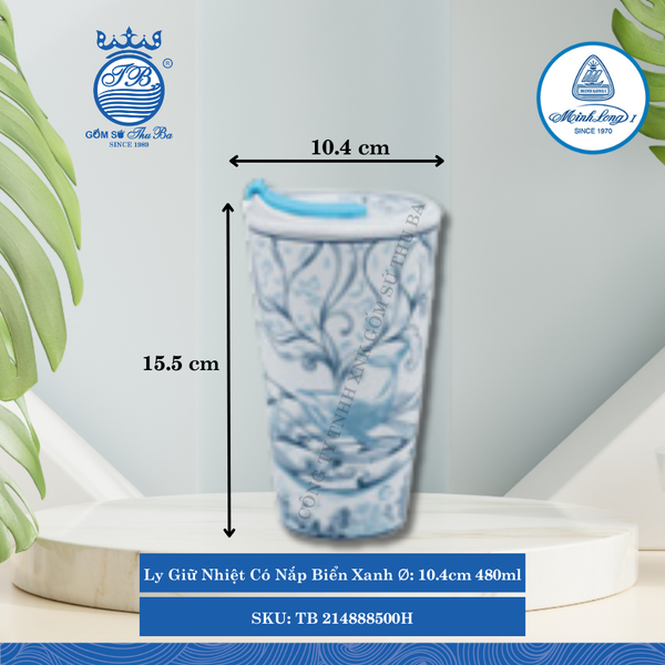 Ly Giữ Nhiệt Có Nắp, Ống Hút Dưỡng Sinh Biển Xanh Ø: 10.4cm 480ml Cao: 15.5cm ML I Sứ TB 214888500H