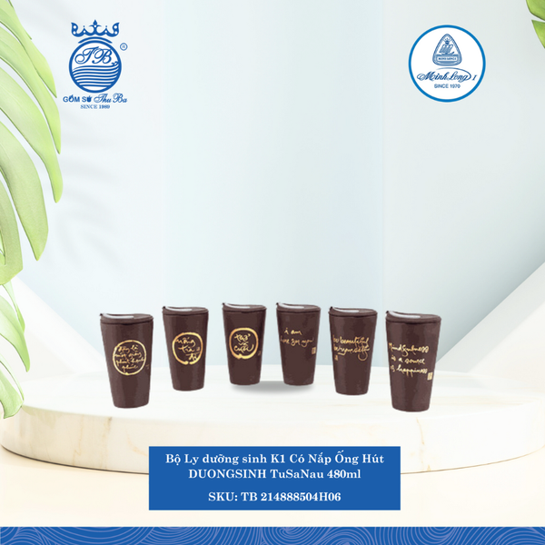 Bộ Ly Giữ Nhiệt Có Nắp Và Ống Hút Dưỡng Sinh Tử Sa Nâu 480ml ML I Sứ TB 214888504H06