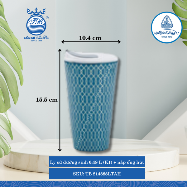 Ly Giữ Nhiệt Có Nắp, Ống Hút Dưỡng Sinh Indigo (LTA) Ø: 10.4cm 480ml Cao: 15.5cm ML I Sứ TB 214888LTAH