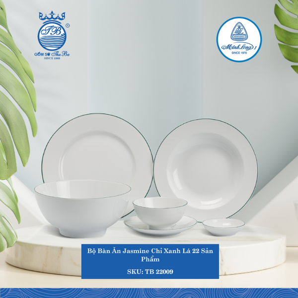 Bộ Đồ Ăn 22 Sản Phẩm Jasmine Chỉ Xanh Lá ML I Sứ TB 22009