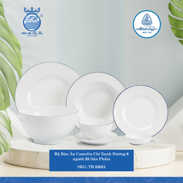 Bộ Đồ Ăn 25 SP Camellia Chỉ Xanh Dương (Nhiều Loại) ML I Sứ