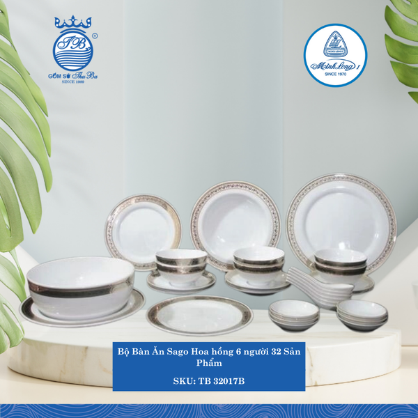 Bộ Đồ Ăn 32 Sản Phẩm Sago Hoa Hồng ML I Sứ TB 32017B