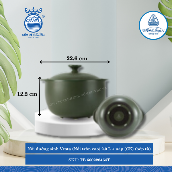 Nồi Tròn Cao Có Nắp Dưỡng Sinh Vesta Healthy Cook Xanh Rêu (Nhiều Size, Nhiều Loại) ML I Sứ