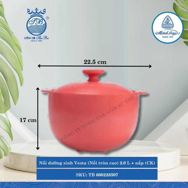 Nồi Tròn Cao Có Nắp Dưỡng Sinh Vesta Healthy Cook Màu Đỏ 2 (Nhiều Size, Nhiều Loại) ML I Sứ