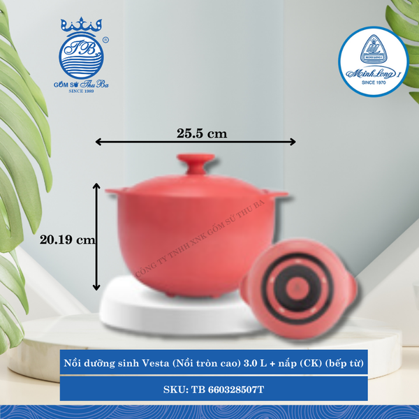 Nồi Tròn Cao Có Nắp Dưỡng Sinh Vesta Healthy Cook Màu Đỏ 2 (Nhiều Size, Nhiều Loại) ML I Sứ