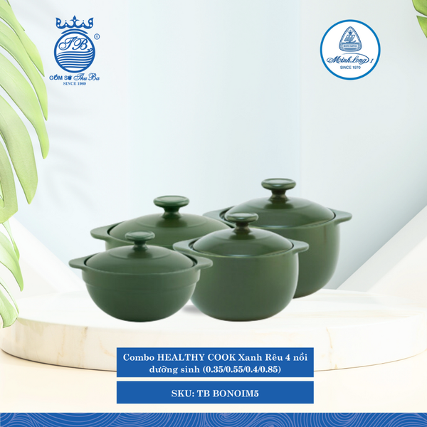 Combo 4 nồi Healthy Cook (Dưỡng Sinh) Xanh Rêu ML I Sứ TB BONOIM5