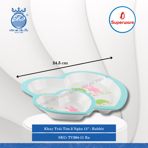Khay Trái Tim 2 Ngăn 11" Hoa Văn Trẻ Em Rabbit Dài: 24.5cm Rộng: 22cm Cao: 2cm Superware Nhựa TV384-11 Ra