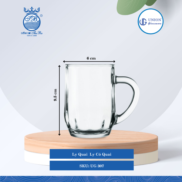 Ly Quai Ø: 10.7cm ØĐáy: 5.6cm 300ml Cao: 10.3cm 6 lố/Thùng 6 c/Hộp 28Gr. Thủy Tinh UG 307
