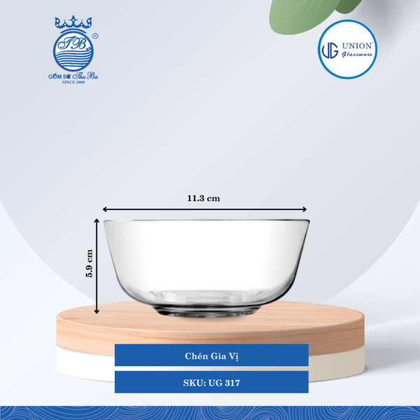 Chén Thủy Tinh Trơn Ø: 11.5cm ØĐáy: 5.4cm 325ml Cao: 5.3cm 6 lố/Thùng 6 c/Hộp 16Gr. Thủy Tinh UG 317
