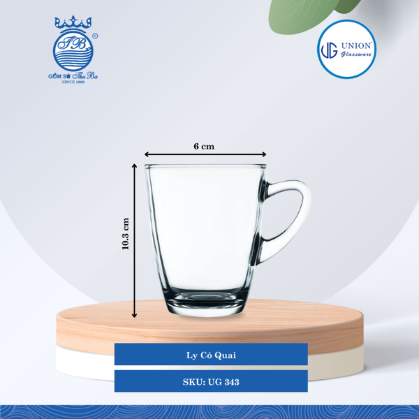 Ly Quai Ø: 11.3cm ØĐáy: 5cm 340ml Cao: 10.3cm 4 lố/Thùng 6 c/Hộp 14Gr. Thủy Tinh UG 343