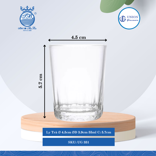 Ly Trà Ø: 4.5cm ØĐáy: 3.9cm 55ml Cao: 5.7cm 12 lố/Thùng 6 c/Hộp 9Gr. Thủy Tinh UG 351