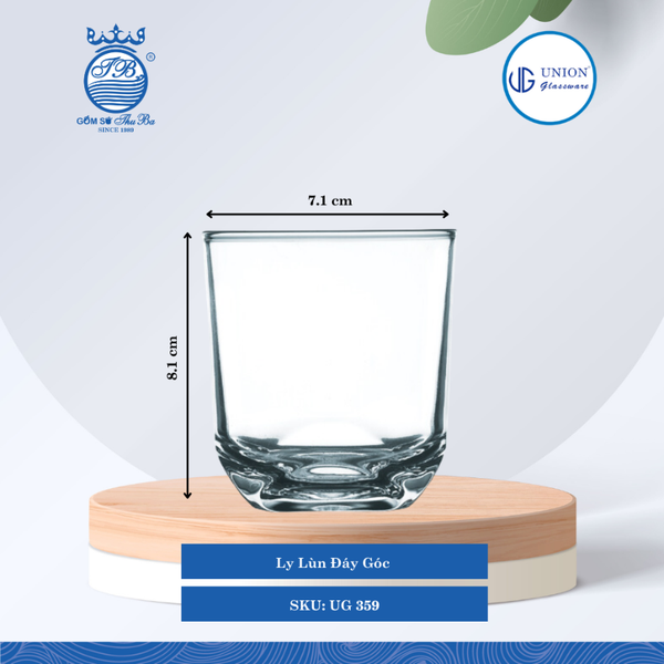 Ly Lùn Đáy Góc Ø: 7.1cm ØĐáy: 6.6cm 225ml Cao: 8.1cm 6 lố/Thùng 6 c/Hộp 14Gr. Thủy Tinh UG 359