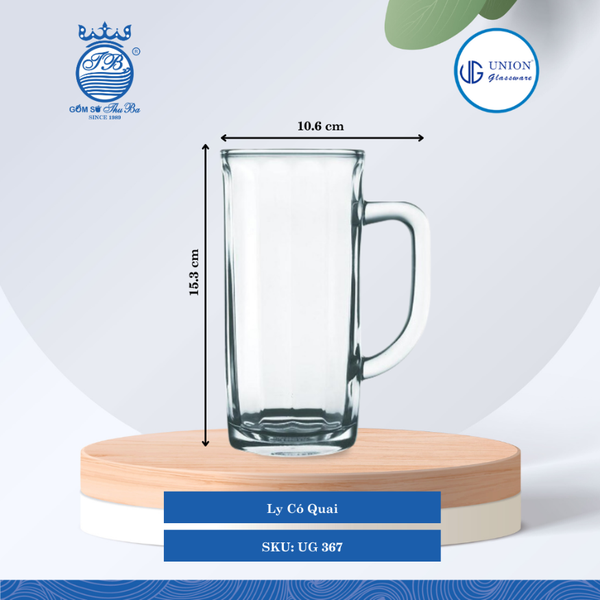 Ly Quai Ø: 10.6cm ØĐáy: 6.5cm 375ml Cao: 15.3cm 4 lố/Thùng 6 c/Hộp 26Gr. Thủy Tinh UG 367