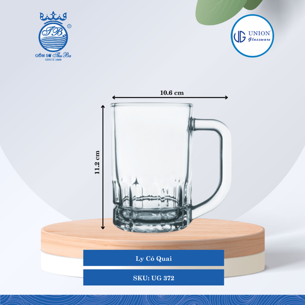 Ly Quai Ø: 10.6cm ØĐáy: 5.9cm 325ml Cao: 11.2cm 6 lố/Thùng 6 c/Hộp 26Gr. Thủy Tinh UG 372
