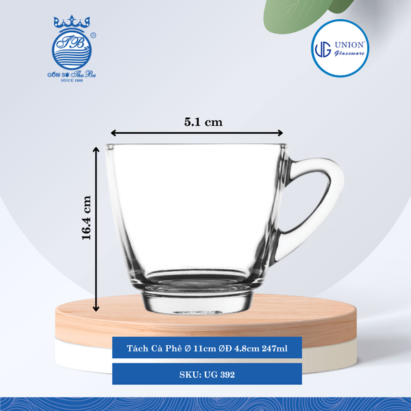 Tách Cà Phê Ø: 11cm ØĐáy: 4.8cm 247ml Cao: 7.8cm 6 lố/Thùng 6 c/Hộp 17Gr. Thủy Tinh UG 392