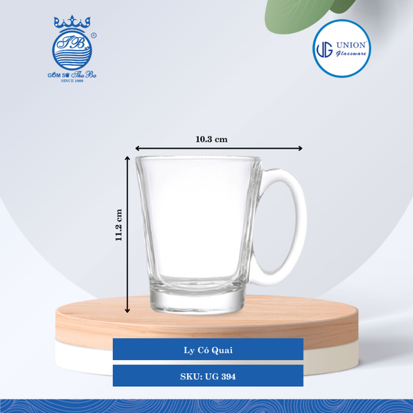 Ly Quai Ø: 11.2cm ØĐáy: 6cm 305ml Cao: 10.3cm 6 lố/Thùng 6 c/Hộp 22Gr. Thủy Tinh UG 394