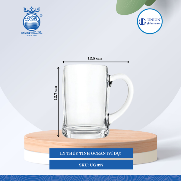 Ly Quai Ø: 12.5cm ØĐáy: 8.2cm 441ml Cao: 12.7cm 3 lố/Thùng 6 c/Hộp 21Gr. Thủy Tinh UG 397