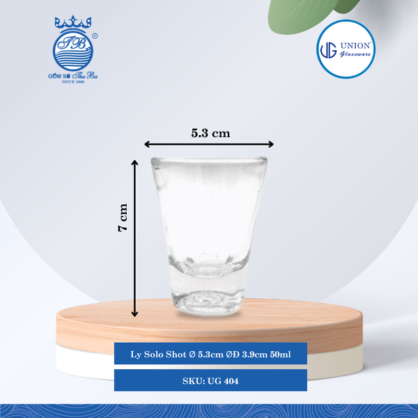 Ly Solo Shot Ø: 5.3cm ØĐáy: 3.9cm 50ml Cao: 7cm 12 lố/Thùng 6 c/Hộp 12Gr. Thủy Tinh UG 404