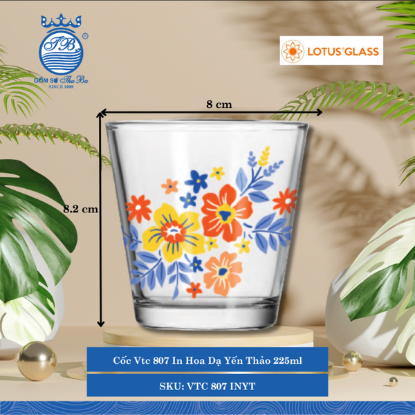 Ly Vtc 807 In Hoa Dạ Yến Thảo  Giải Khát Loại Thấp In Hoa Dạ Yến Thảo Ø: 8cm 225ml Cao: 8.2cm 72 Cái/Thùng 6 Cái/Hộp Lotus Glass Thủy Tinh   VTC 807 INYT