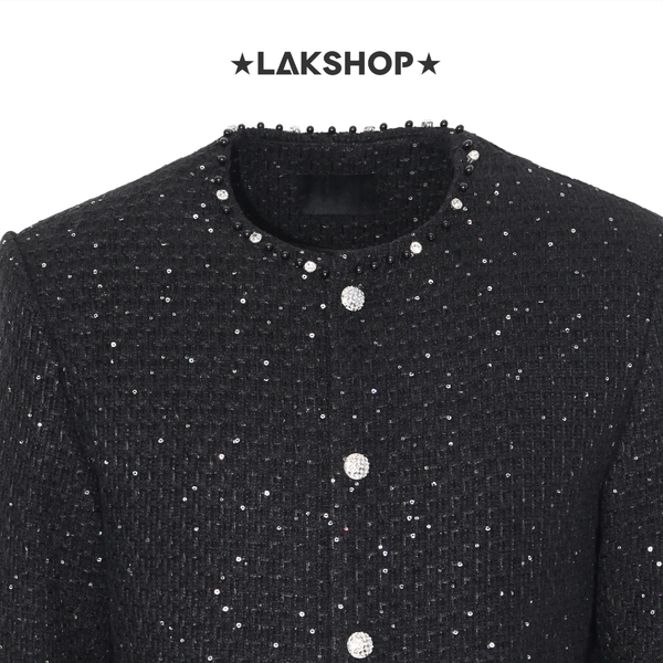 Áo Black Bling Bling Tweed with Pearl Jacket