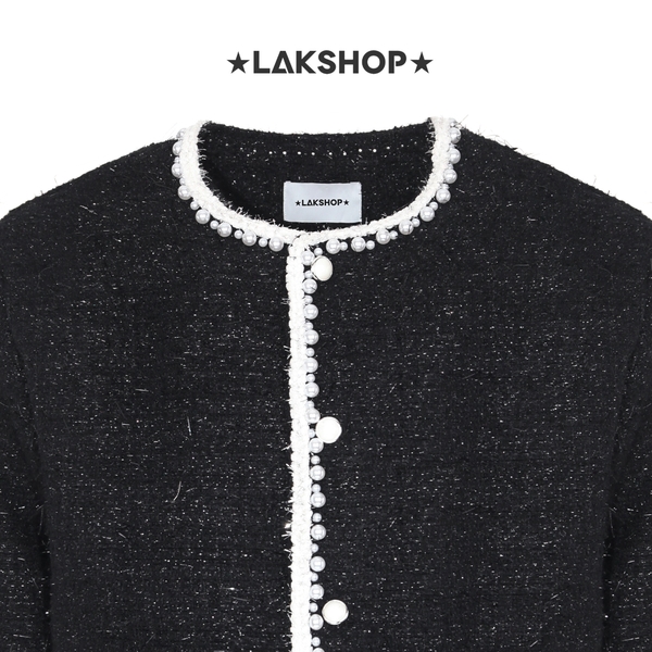 Áo Black with Pearl Trim Tweed Jacket