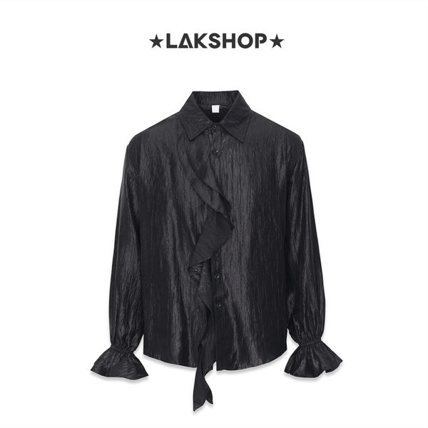 Áo Black RuffledTextured Satin Shirt