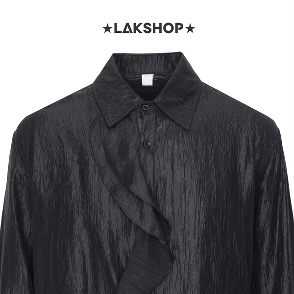 Áo Black RuffledTextured Satin Shirt