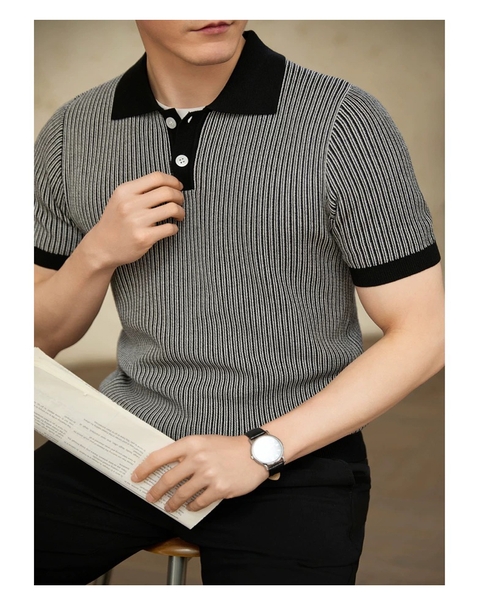 Áo Grey Knit with Black Trim Polo Shirt